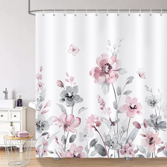 Bonhause Grey Pink Floral Shower Curtain, Watercolor Flower Leaves Butterfly Elegant Bathroom Decor 72x72 Inch Polyester Fabric Waterproof Bath Curtain with 12 Hooks