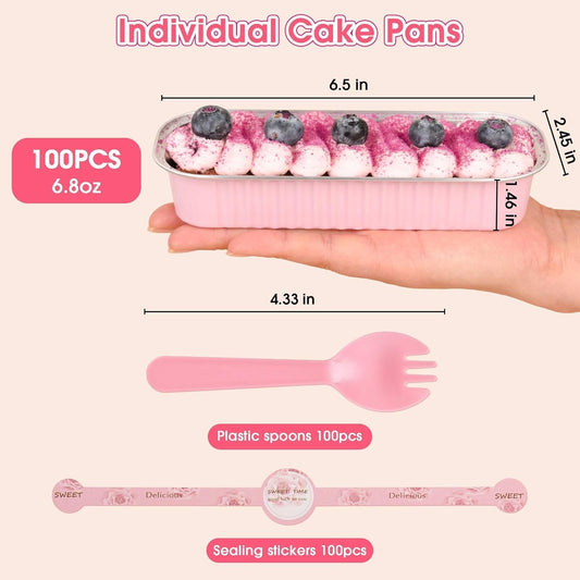 100 Pack Mini Cake Pans with Lids and Spoons, Disposable Aluminum Foil Cake Tins(6.8oz) Individual Small Cake Baking Containers for Party, Wedding, Birthday