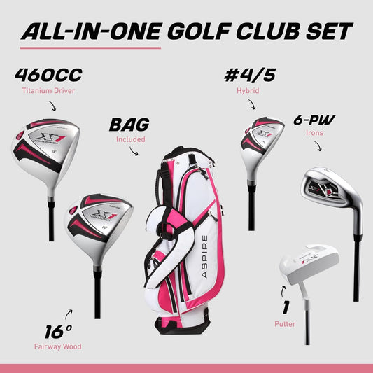 Aspire X1 Womens Golf Clubs Full Set โ Driver, Fairway, Hybrid, 6-PW Irons, Putter, Stand Bag & Headcovers - Graphite Shafts - Right Handed