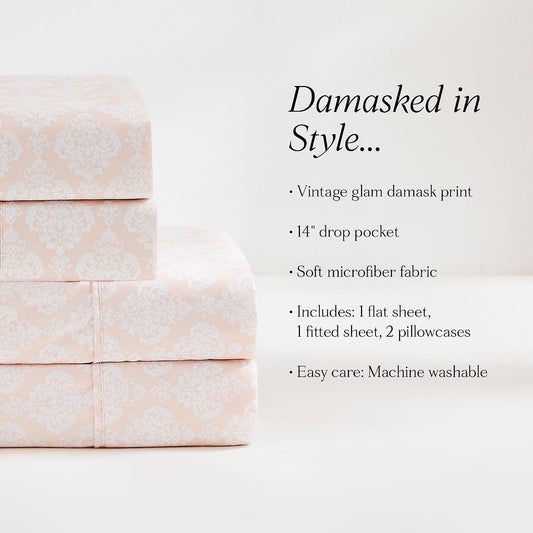 Lush Decor Romer Damask Sheet Set 6 Piece Set Queen Peach - Pink Sheets - Damask Pattern - Bed Sheets - Traditional Style - Vintage Decor