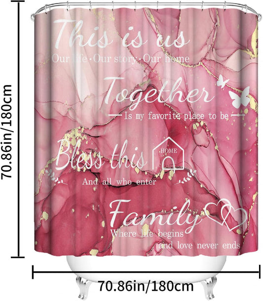 4Pcs Family Marble Shower Curtain Set,Light Pink Home Inspirational Bathroom Sets with Shower Curtain and Rugs, Bathroom Decor Set,Waterproof Bathroom Curtains Shower Set,with 12 Pcs Hooks