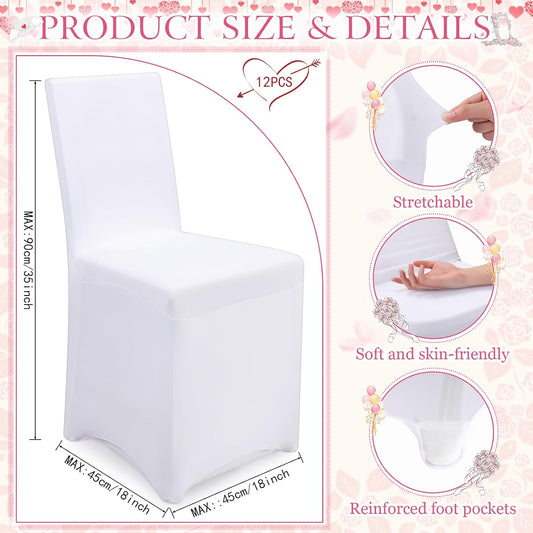 Moukeren 24 Pcs Folding Chair Cover Set with 12 White Spandex Stretch Slipcovers 12 Bows Chair Sashes Washable Chairs Protectors for Wedding Party Banquet Anniversary Events Dining Decor(Pink)