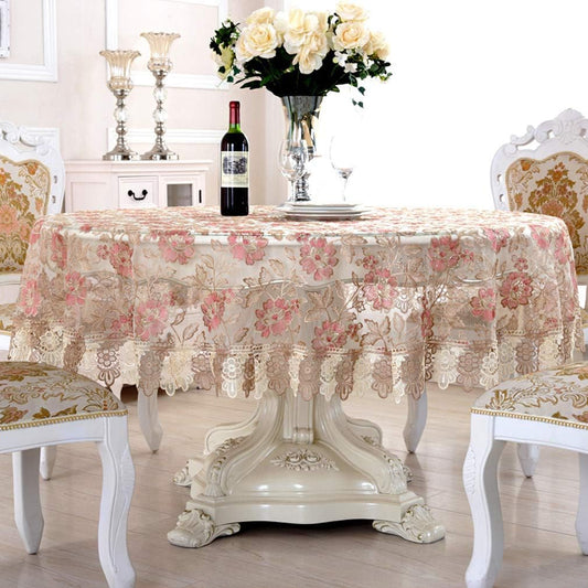 Lace Polyester Round Tablecloth Embroidery Round Table Cloths for Party Wedding Kitchen Dining Home Decorations, Round - 60", Pink