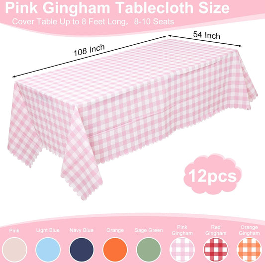 NatNarr 12 Pack Pink Gingham Tablecloths, 54 X 108Inch Scalloped Pink and White Checkered Table Cloth, Disposable Party Table Covers for Wedding Picnic Birthday Baby Bridal Shower Anniversay