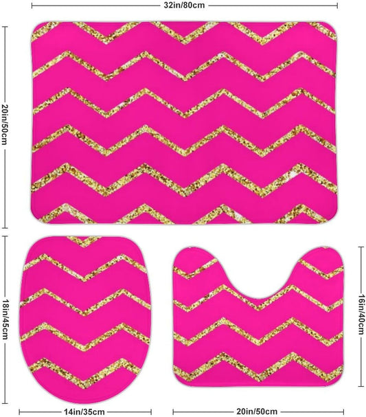 3 Pieces Bath Rug Set, Chevron Zig Zag Pink Gold Glitter Pattern Bathroom Mat Set Non Slip & Absorbent Bath Carpet, U Shaped Contour Rug & Toilet Lid Cover