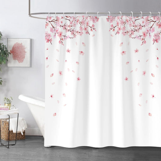 zokyer Pink Floral Shower Curtain Cherry Blossom White Flowers Girls Plant Japanese Sakura Garden Botanical Art Rustic Country Farmhouse Bathroom Decor Polyester Fabric Plastic Hooks 12 Pack (60Wx72L)