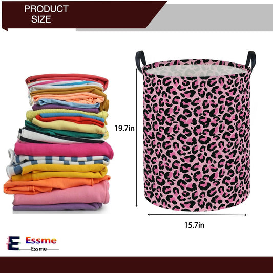 ESSME Laundry Basket,Pink Hamper Collapsible Canvas Waterproof Storage Bin for Girls, Leopard Print Hamper,Gift Baskets(Pink leopard print)