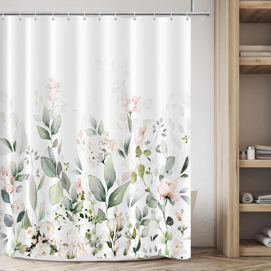 Tititex Blomming Bright Blush Pink White Floral Shower Curtain, Watercolor Green Leaves Plant Bathroom Decoration Shower Curtain Sets 71x71 Inch with Hooks
