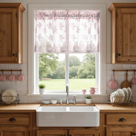 Kotile Pink Sheer Valance for Windows, Country Rustic Floral Short Lace Cafe Curtain 18 Inch Length, Light Filtering Rod Pocket Lace Valance Curtain, 52 x 18 Inch, 1 Panel, Pink