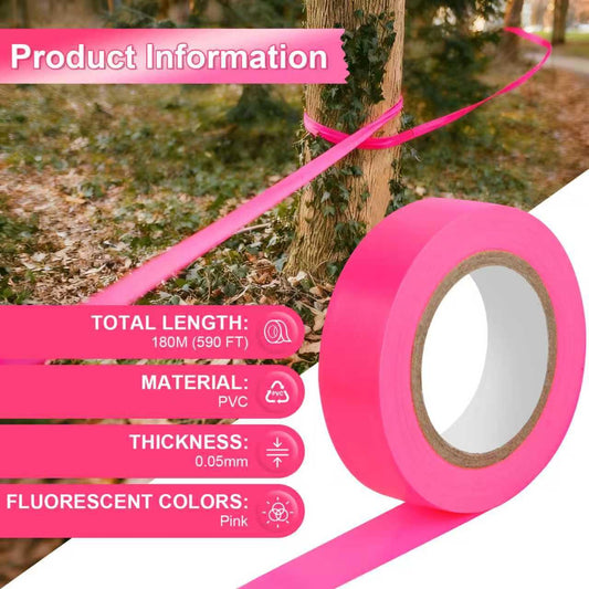 6 Rolls Pink Flagging Tape, 0.7in X 98.4ft(Total 590.4ft) Non-Adhesive Neon Marking Tape, Plastic Survey Ribbon Rolls for Location Marking, Cable Bundling, Tree Labeling, Hunting, Construction Sites