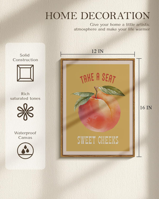 Quirky Take a Seat Sweet Cheeks Peach Wall Art Artwork, 12x16 Inch Framed Canvas Print Watercolor Painting with Playful Text, Vibrant Bathroom Living Room Fun Home Wall Decor
