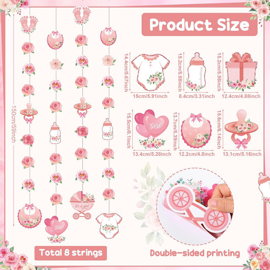 Gueevin Pink Rose Gold Baby Shower Decorations for Girl Pink Flower Garlands Gender Reveal Hanging Banner Backdrop Photo Booth Props for Girls Toddler Baby Shower Wall Ceilling Party Supplies