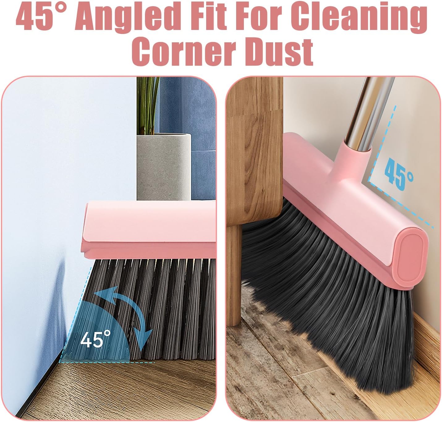 Broom and Dustpan Set with Dustpan Teeth SelfCleaning, Upright Stand Duspan and Brush with 53'' Long Adjustable Handle for Indoor&Outdoor Sweeping Home Office Floor Cleaning Broom with Dust pan-Pink