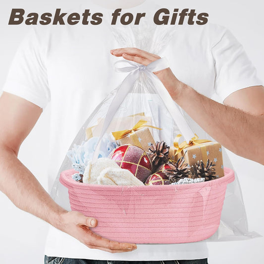 Pro Goleem Small Woven Basket with Gift Bags and Ribbons Durable Baskets for Gifts Empty Small Rope Basket for Storage 12"X 8" X 5" Baby Toy Basket with Handles, Pink