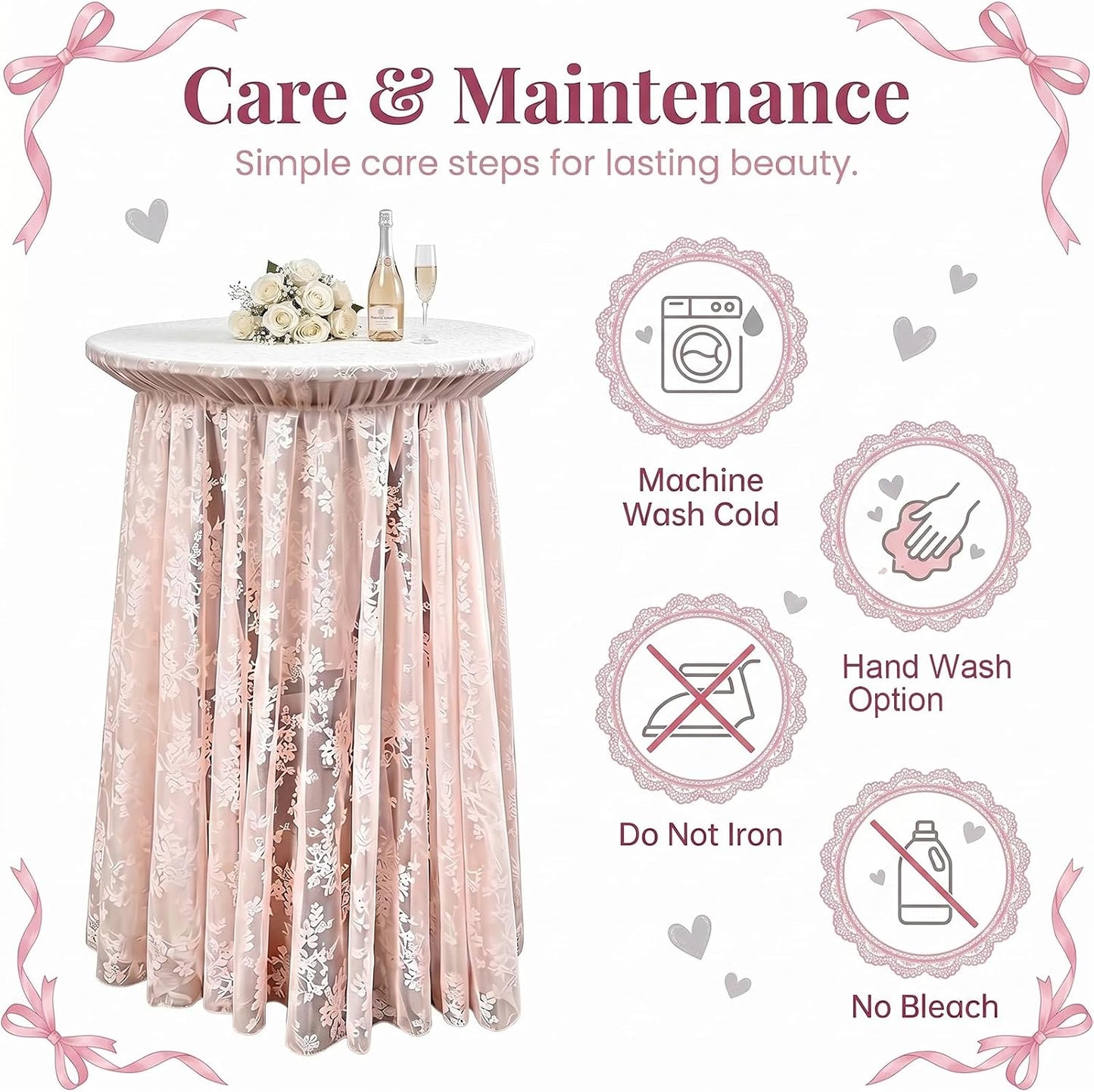 2-Pack Coral Pink Lace Fabric Cocktail Table Covers, Stretch High Top Highboy Tablecloths with Ruffle Skirt, Wrinkle-Resistant, for Wedding Fashion Banquet Home Party Tables (32" Dia x 43" H)