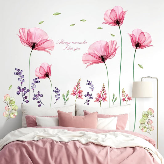 DECOWALL Pink Floral Wall Stickers – Removable Vintage Wildflower Peel and Stick Wall Decals for Girls Bedroom, Nursery & Kids Room Decor (SG2-106)