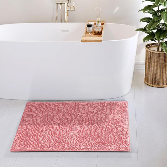 Hearth & Harbor Bathroom Rugs, Chenille Bath Mat - Machine Washable Bath Mats for Bathroom Non-Slip Backing Rubber, Quick Dry Bathroom Mat, 20 x 32 - Pink