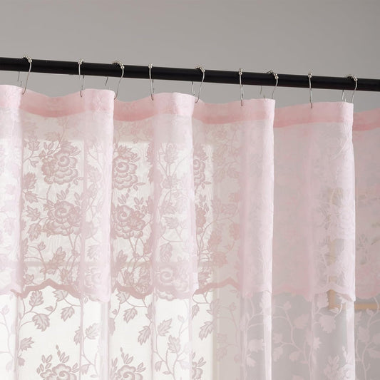TERLYTEX Pink Lace Shower Curtain, 1 Panel, 72 x 72 Inch, Country Rustic Vine Floral Leaves Patterned Sheer Lace Shower Curtain with Attached Valance for Bathroom Vintage Farmhouse Decor