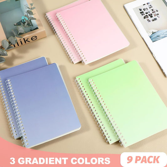 9 Pcs Spiral Notebooks, 3 Gradient Colors (Pink/Green/Blue), A5 7mm College Ruled 120 Pages Journals for School Work Travel, Durable PP Cover with Soft Silicone Coil & Rounded Edges