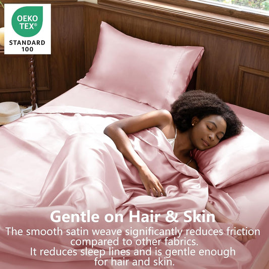 CozyLux Satin Sheets Queen Size Bed Set - Silky Soft Bedding Similar to Silk, 4 Piece Sheet Set for Hair and Skin, Deep Pocket with All-Around Elastic, Home Decor for Bedroom, Dirty Pink