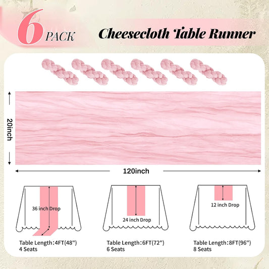 Aktor 6 Pack Pink Cheesecloth Table Runner 10Ft Gauze Table Runner Boho Semi Sheer Cheese Cloth Fabric Runners for Wedding Birthday Baby Shower Party Table Decoration(Pink)