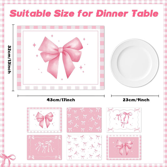 Pink Bow Plastic Placemats Set of 6 Cute Coquette Butterfly Bowknot Dinner Table Mats Pink Ribbon Bow Place Mats Wedding Baby Shower Birthday Table Decoration for Indoor Outdoor Party Kitchen Dining