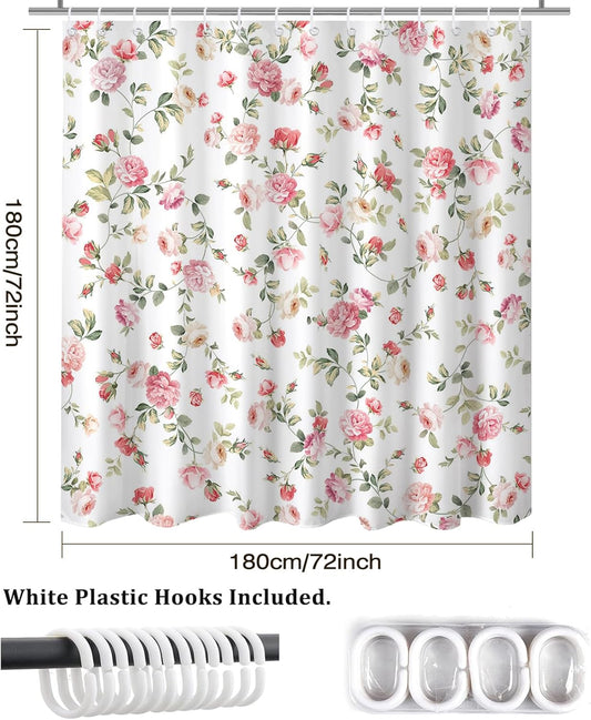 Mocsicka Pink Floral Shower Curtain Vintage Farmhouse Boho Shower Curtain for Boho Floral Bathroom Decor Waterproof Washable Polyester Pink Flowers Green Leaves Bath Curtain 72 X 72 Inch