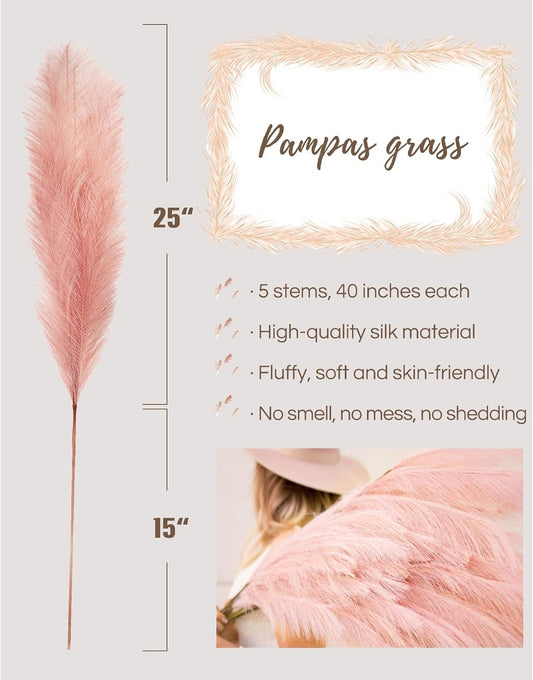 Decoroca Pampas Grass Set - 5 Pcs Faux-Pampas-Grass - 40''/3.3 Ft Tall Non-Shedding,Pink-Pampas-Grass for Home, Bedroom Table, Office, Boho Wedding and Events Decoration