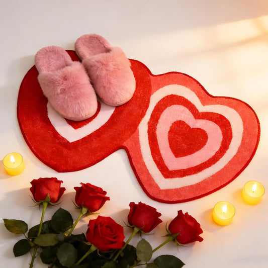FEBSNOW 70 x 40 cm Heart Shaped Bath Rug, Red Pink White Love Shower Mat, Non-Slip Valentine's Doormat for Bedroom, Kitchen Decor