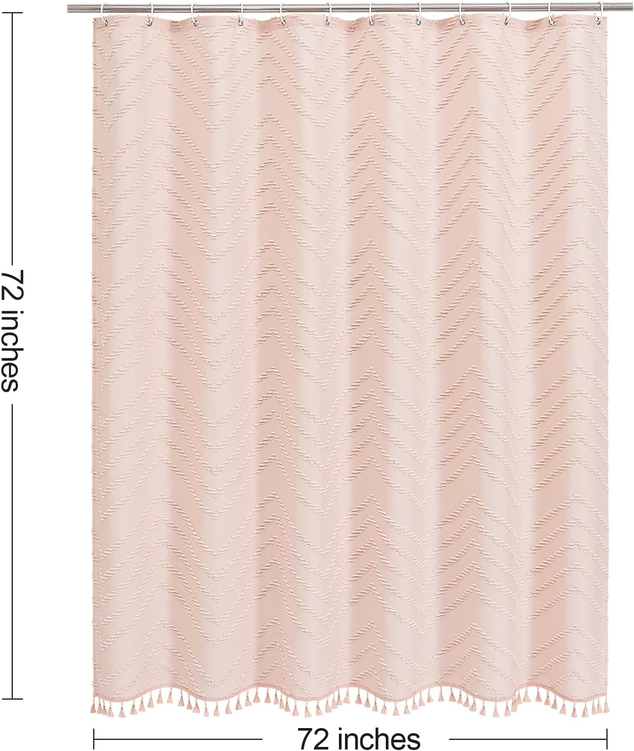 Boho Farmhouse Woven Fabric Shower Curtain, Light Pink Tufted Chevron Stripes Textured Minimalist Design with Tassels, Water-Repellent Bathroom Decor for Home or Hotel, 72 x 72