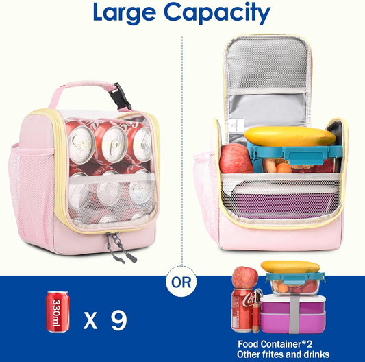Genteen Kids Lunch Box, Insulated Lunch Bag for Kids, Toddler, Girl, and Boy; Holds Lunch Box, Water Bottle, & Snacks; Easy-Clean Water-Resistant Fabric & Multiple Zippered Pockets (Pink)