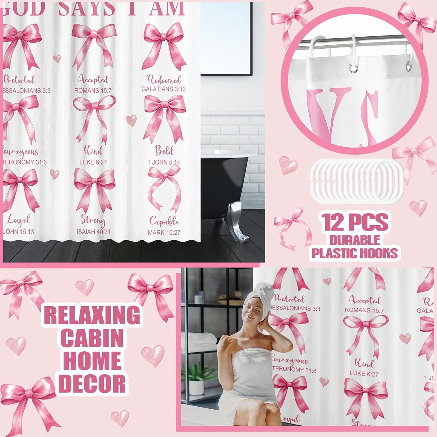4 Pcs Pink Bow Bible Verse Shower Curtain Set 4 Pcs Coquette Bow Aesthetic Bathroom Decor Set with Rugs Pink Christian Inspirational Quotes Bathroom Curtain with 12 Hooks for Women