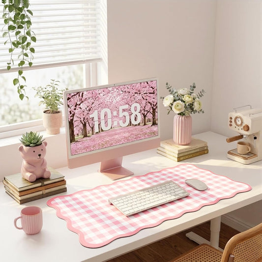 Scalloped Gingham Pink Desk Mat,31.5" x 15.7" Large Cute Aesthetic Desk Mat for Keyboard Mouse, Non Slip Computer Desk Pad,Green Girly Desk Cover Mouse Pad for Desktop Office Home Dorm Decor (Pink)