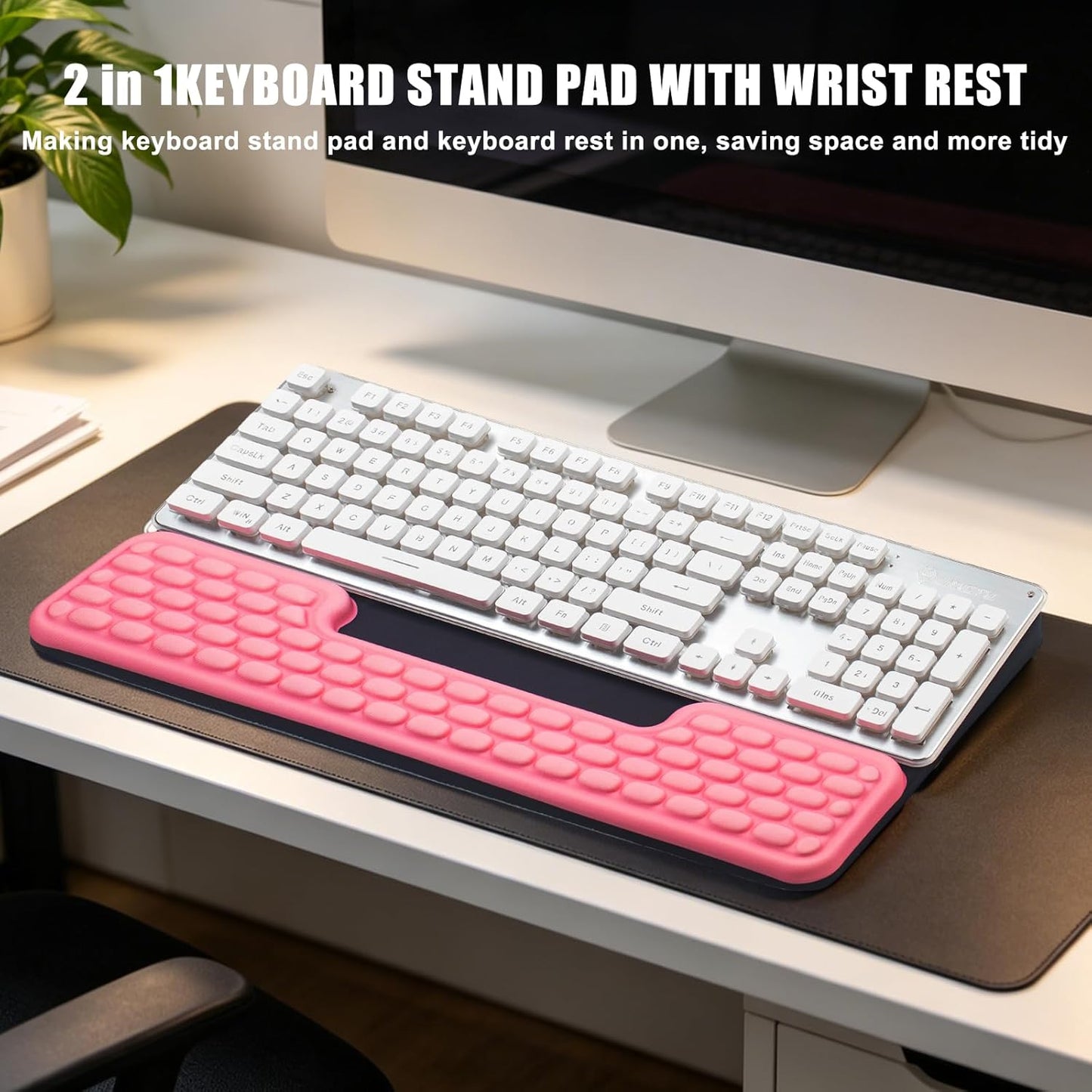 Keyboard Stand with Wrist Rest,Ergonomic Wrist Pad Memory Foam Keyboard Riser Holder Tray with Non-Slip Base, Pain Relief for Work Study Game (Black and Pink)