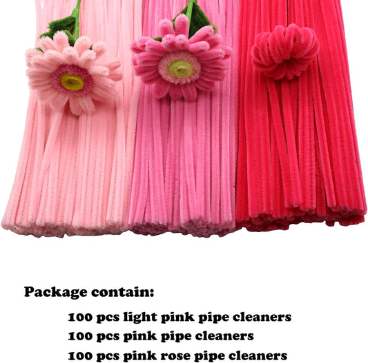 300pcs Pipe Cleaners Craft Bulk,3 Assorted Colors Pink Pipe Cleaners,6mm x 12inch Thick Fuzzy Chenille Stem Sticks for Craft Art DIY Projects Decorations