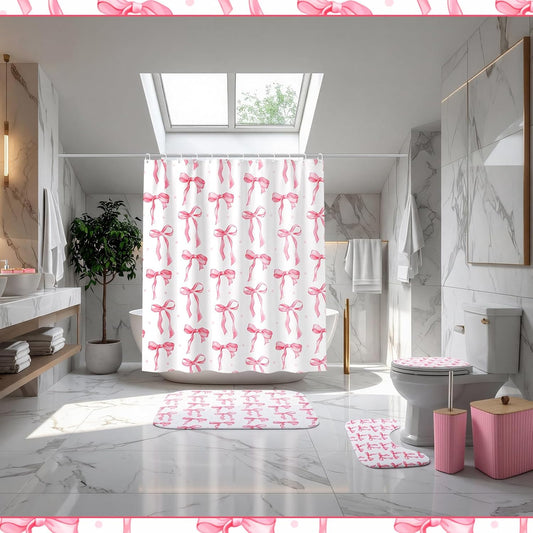 Patelai 10 Pcs Pink Bow Bathroom Accessories Set Cute Coquette Shower Curtain and Rugs Aesthetic Girly Bow Farmhouse Bathroom Decor Trash Can Soap Dish Toilet Lid Cover Toothbrush Holder Cup for Home