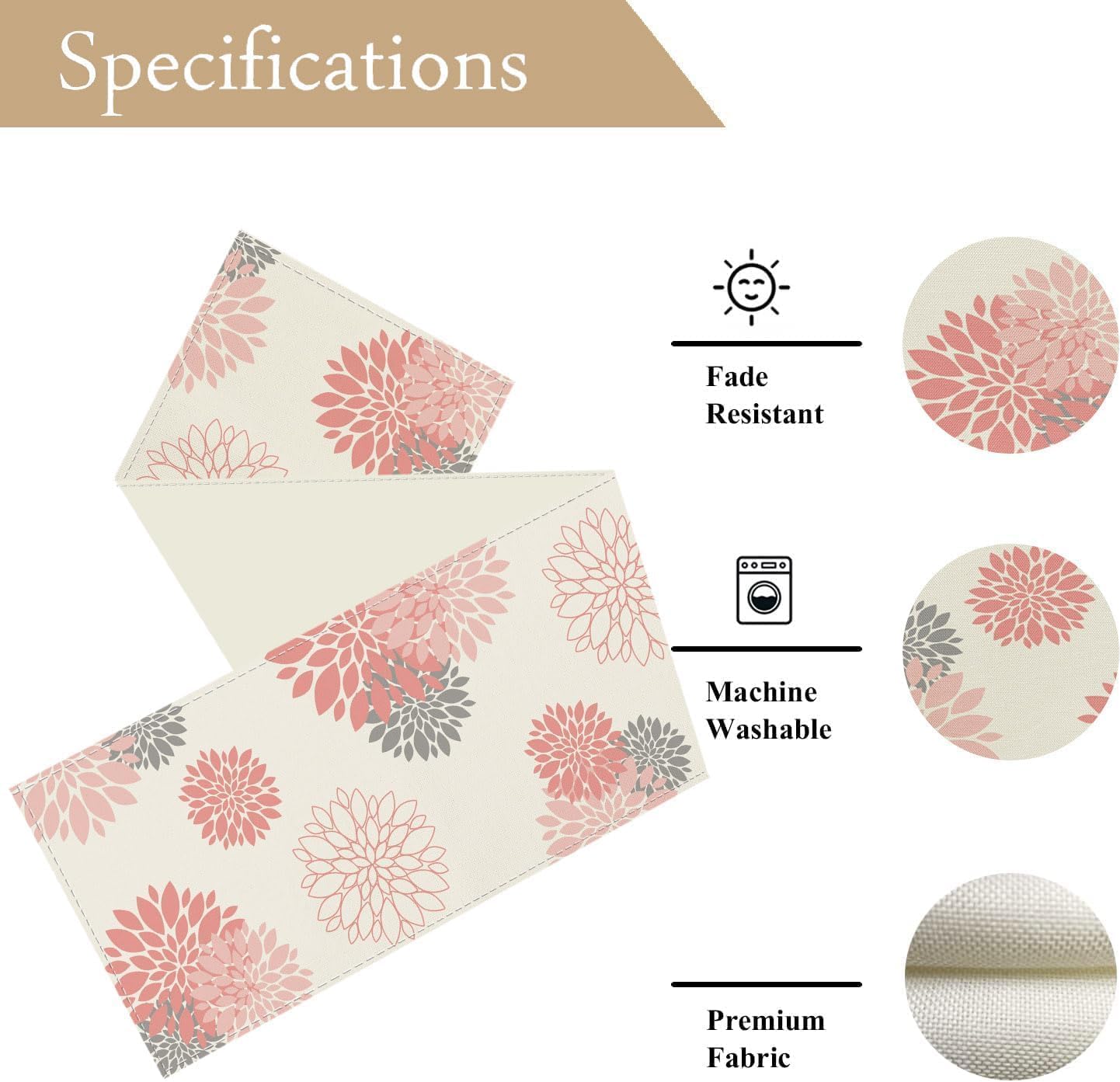 Pink Gray Table Runner Dahlia Pinnata Flower Beige Table Runners Modern Elegant Pompon Farmhouse Geometric Table Center Decor for Girls Room Dining Party Patio (13 x 72 Inch)