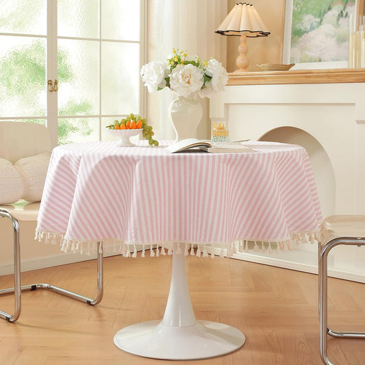 meioro Striped Round Tablecloth, Cotton Blend Fabric Pink Circle Table Cloth with Tassel, Washable Wrinkle Free Table Cover Cute Small Tablecloths for Card Coffee Tables Home Party - Round 60 Inch