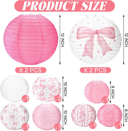 Glooglitter 12 Pcs Pink Bow Party Decorations Coquette Birthday Decorations Pink Bow Paper Lanterns Hanging Decor for Weddings Bachelorette Bridal Shower Engagement Party Supplies