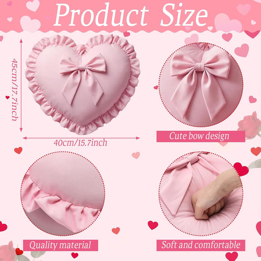Amyhill Pink Heart Pillows with Bow 18 x 16 Inch Cute Coquette Ruffle Heart Throw Pillow Decorative Cushion for Wedding Party Room Bed Sofa Couch Decor