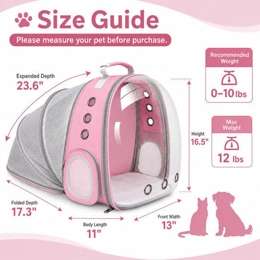 Expandable Cat Carrier Backpack for Cats & Dogs, Bubble Window Pet Travel Backpack with Breathable Mesh, Anti-Collapse Structure, Side Door, Safety Leash, for Vet Visits, Hiking, Outdoor, Pink