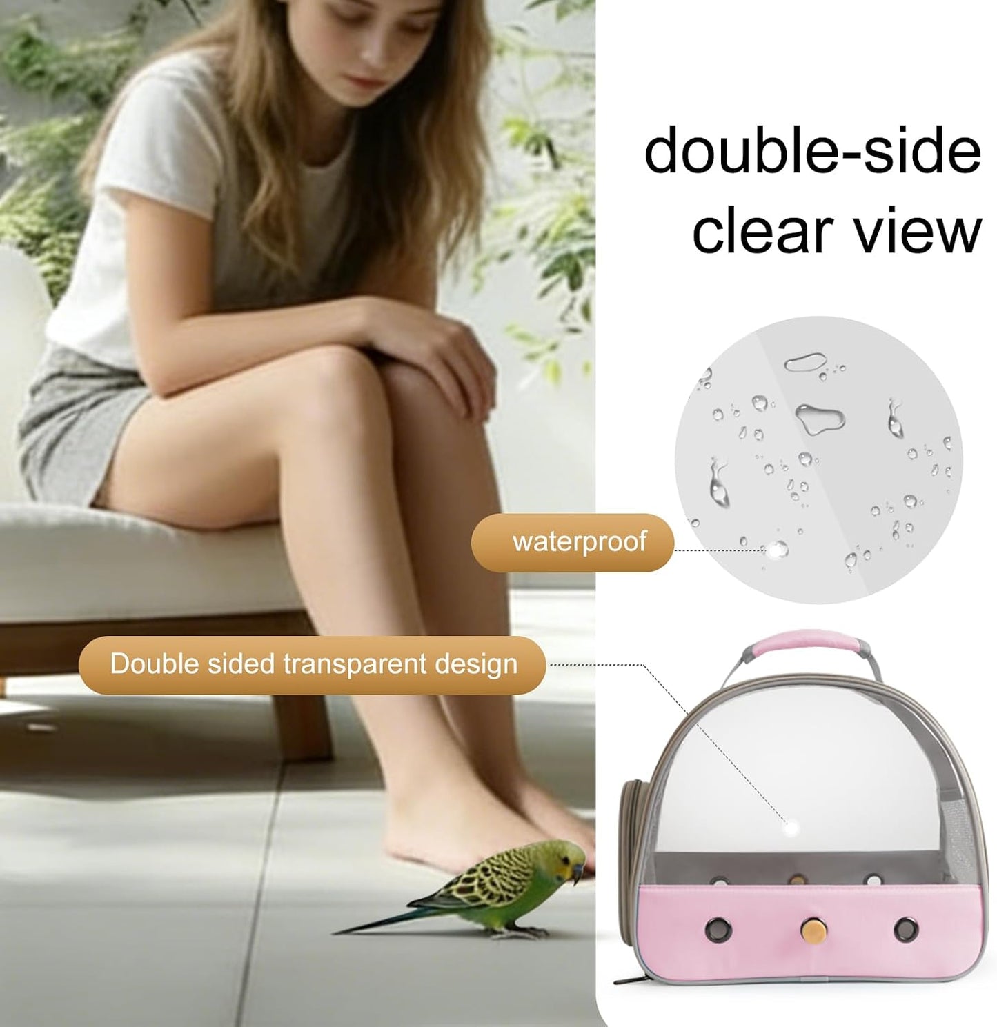 Bird Carrier, Portable Small Bird Parrot Parakeet Carrier with Standing Perch and Stainless Steel Tray, Side Access Window Collapsible (Pink, Clear Windows)