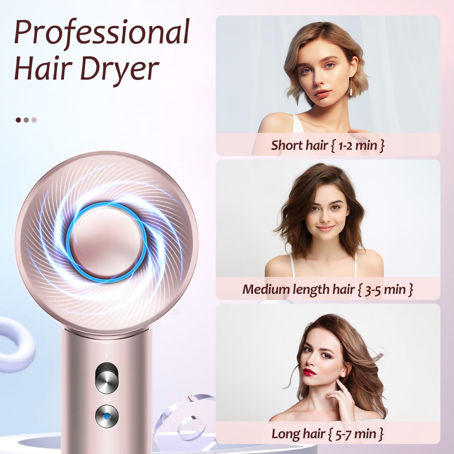 Brushless Powerful Hair Dryer, 1600W 110,000 RPM Fast Drying High Speed Blow Dryer with Negative Ion Technology, Portable Lightweight with Diffuser and Nozzle for Home Salon Travel, Pink