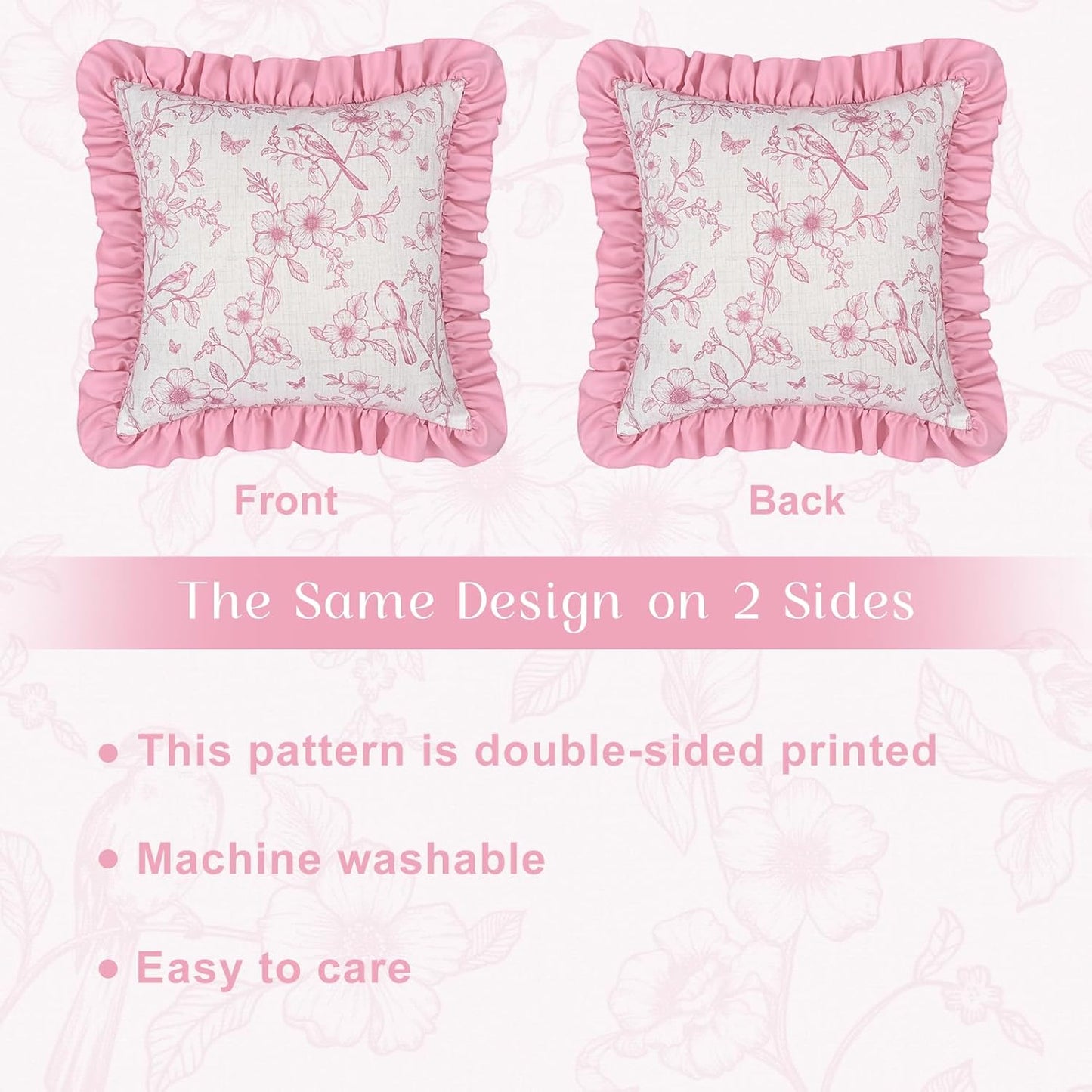 Yinhua Floral Linen Throw Pillow Covers 18x18 Inches Set of 2, Farmhouse Decorative Couch Pillow Covers with Ruffle, French Country Throw Pillowcases Soft Cushion Covers for Sofa Bed Living Room, Pink