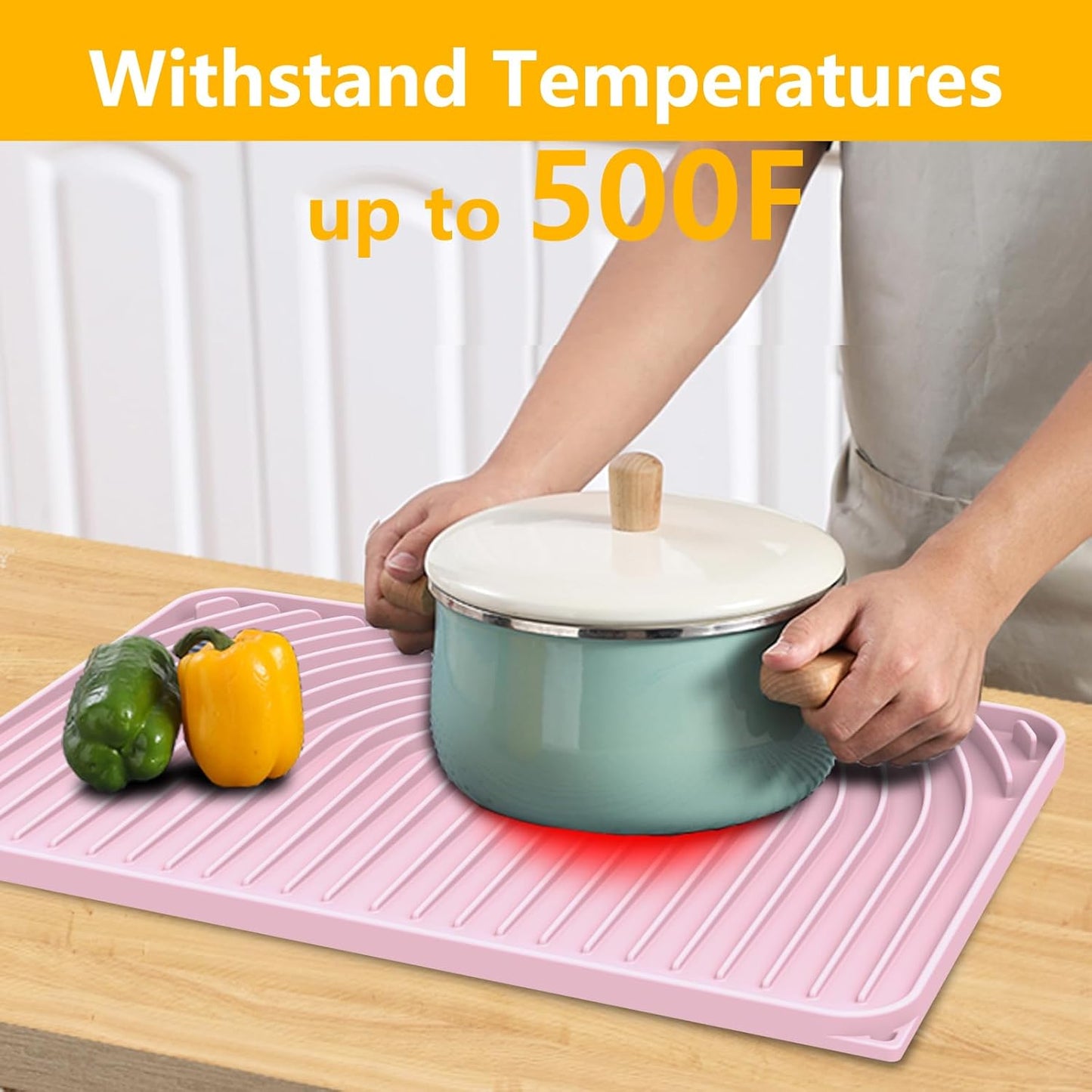 Silicone Drying Mat for Kitchen Counter , Dish Drying Rack Matt with Built in Drain, 18 Inch Dry Mats for Dishes Drying Pad for Kitchen Counter (18×12inch, pink)