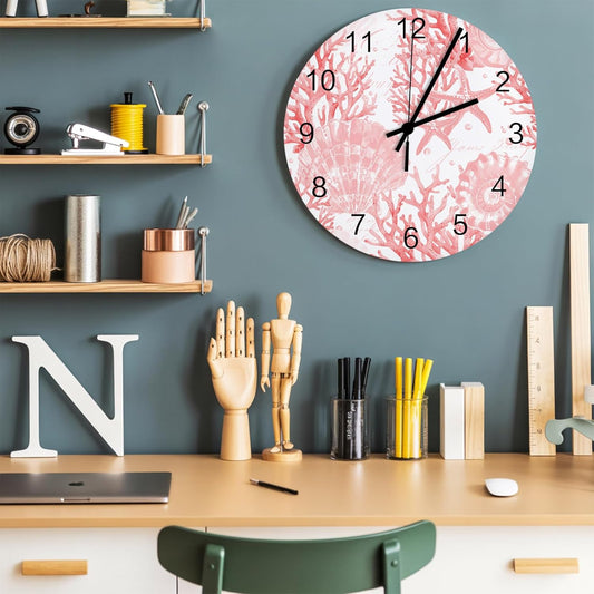 Pink Coral Wall Clock Battery Operated Non-Ticking 12" Round Wood Clocks, Shell Starfish Marine Art Watercolor Kitchen Wall Clock for School Bathroom Living Room Home Office Wall Decor