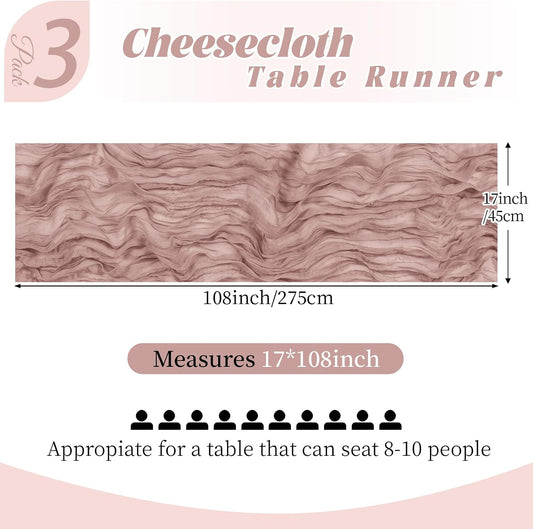 3 Pack Dusty Pink Cheesecloth Table Runner, 17 x 108 Inch, Gauze Cheese Cloth Table Runner Rustic Sheer Runner for Wedding Birthday Party Baby Shower Table Decor(Dusty Pink)