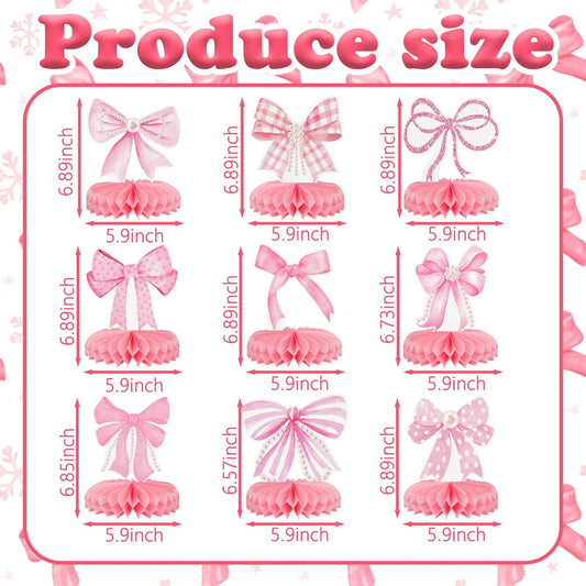 9Pcs Pink Bow Party Honeycomb Centerpieces Decorations, 3D Coquette Birthday Decorations, Pink Bow Table Decor for Birthday Bachelorette Bridal Party