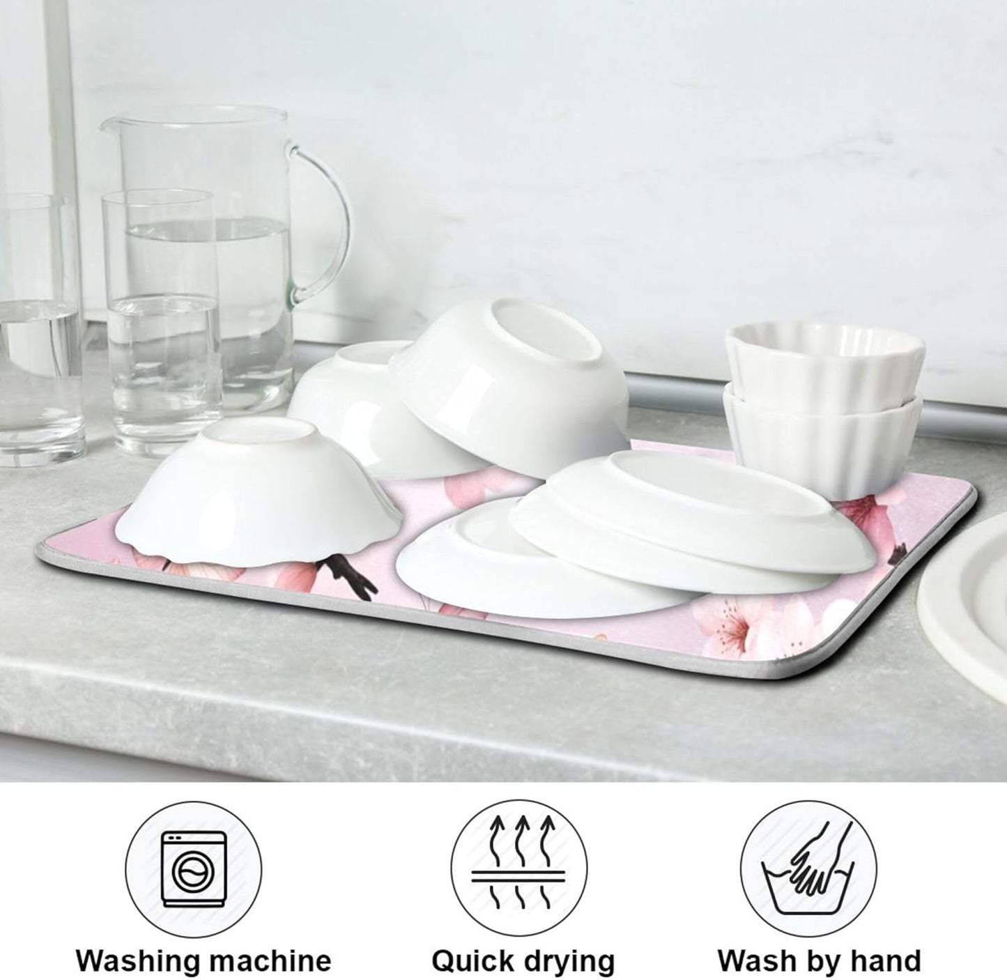 Cherry Blossoms Flowers Dish Drying Mat 16x18 for Kitchen Sakura Branch Pink White Floral Dishes Pad Dish Drainer Rack Mats Absorbent Fast Dry Kitchen Accessories