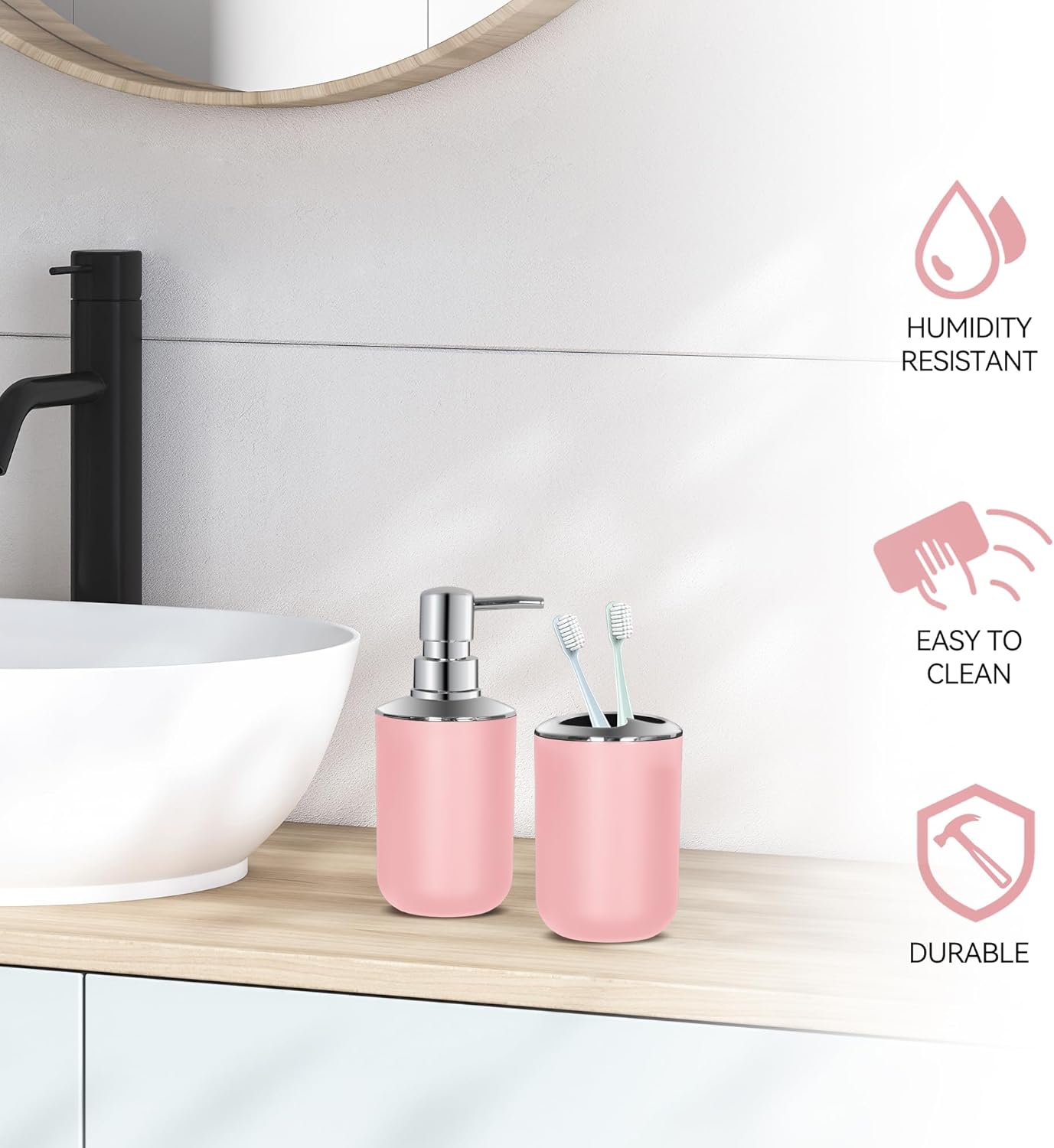 Pink Bathroom Accessories Set 2 PCS, Pink Bathroom Accessories, Plastic Soap Dispenser and Toothbrush Holder Set, Boho Bathroom Decor, Bathroom Set
